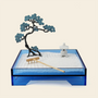 Complete Zen garden set with blue acrylic tray, copper pine tree, resin lantern, fine white sand and wooden rake