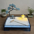 Blue acrylic Zen garden with copper pine tree, battery-lit resin stone lantern, fine white sand and wooden rake