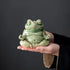Large green glazed ceramic meditation frog held in two hands to show its scale.