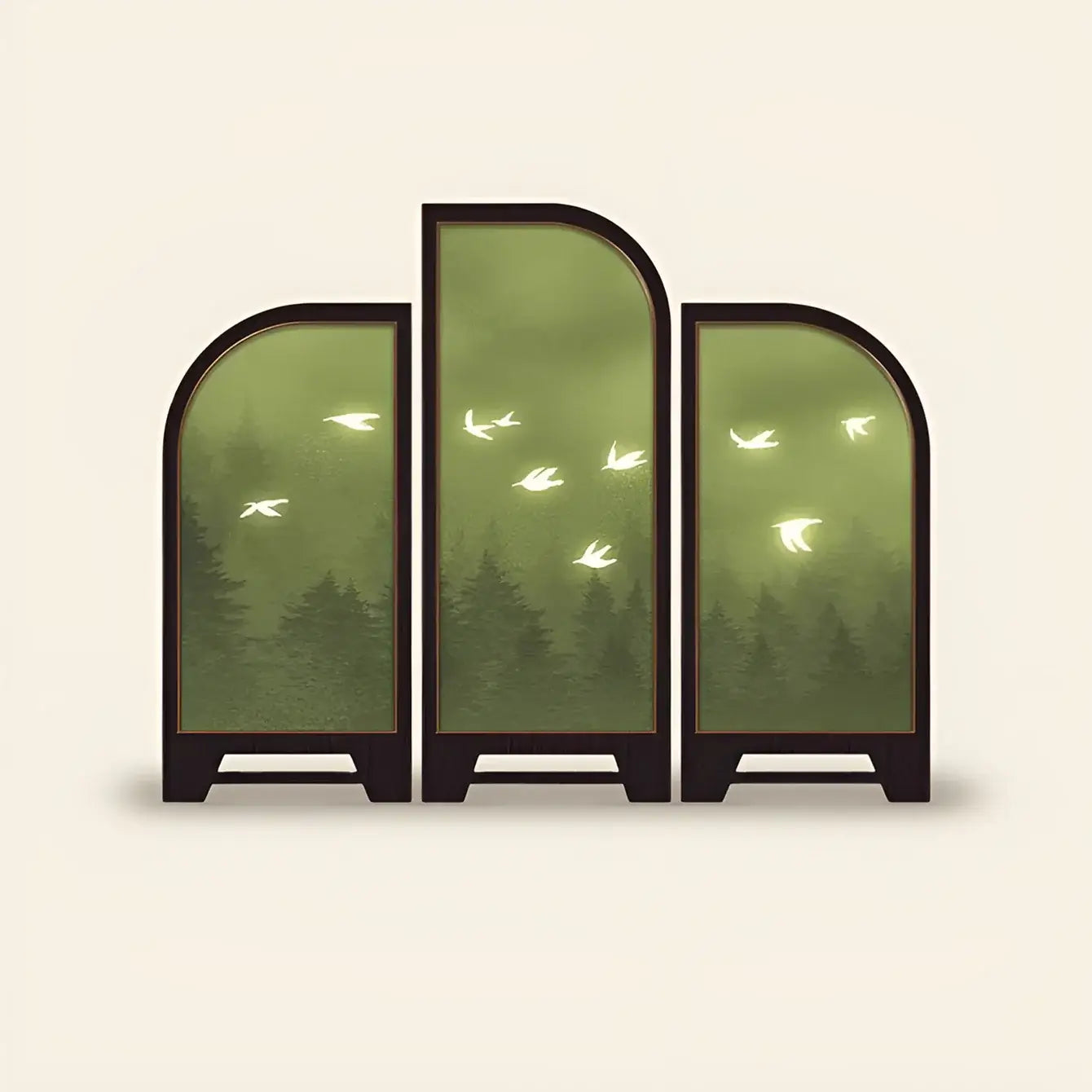 Three green screens with black frames displaying a forest scene with birds on a beige background.