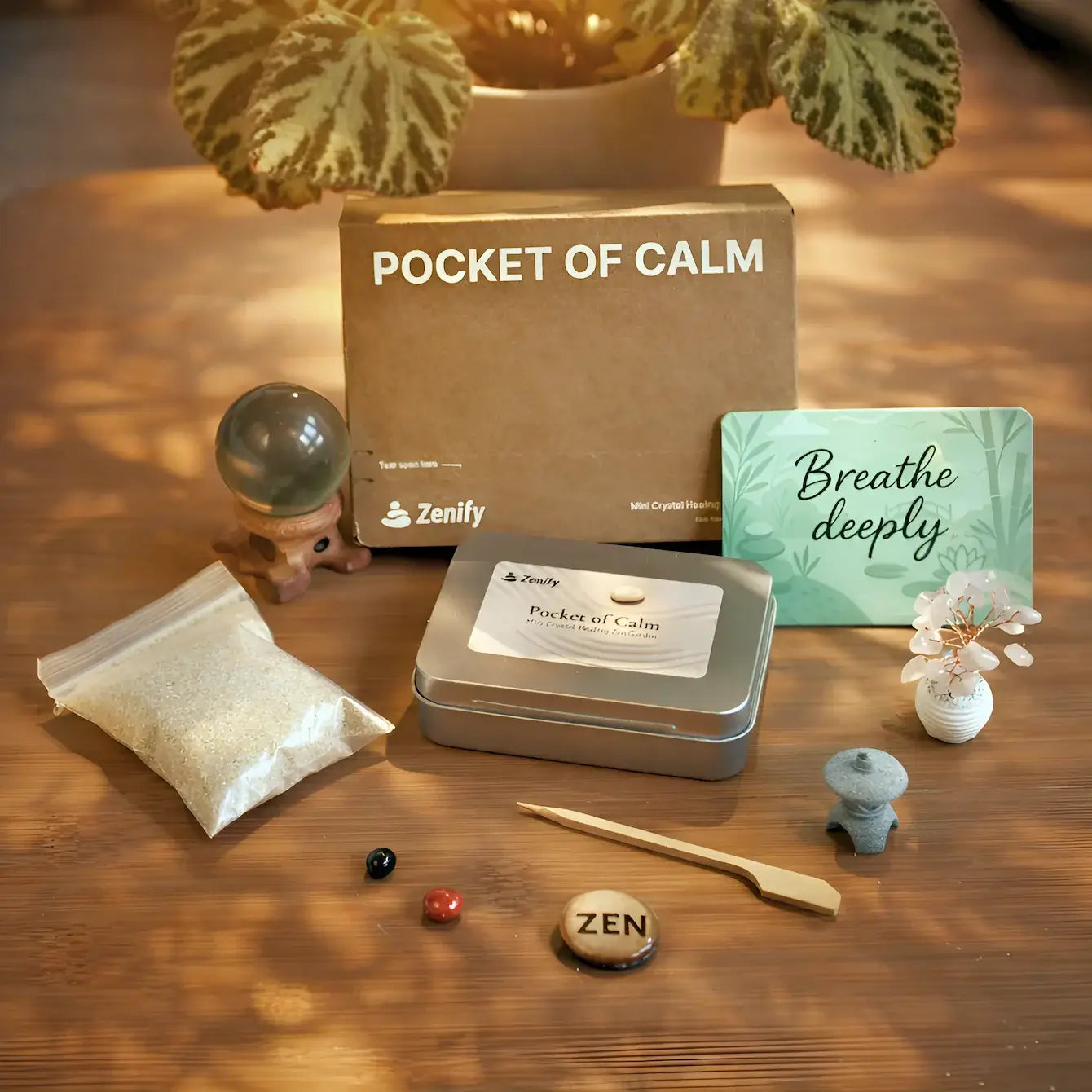 Japanese Crystal Zen Garden kit including calming elements like stones, sand, and mindfulness cards for relaxation and balance.