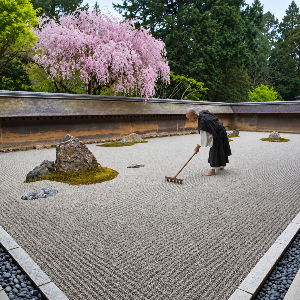 Wooden Zen Garden tray with raked white sand, natural stones, and a bamboo rake.