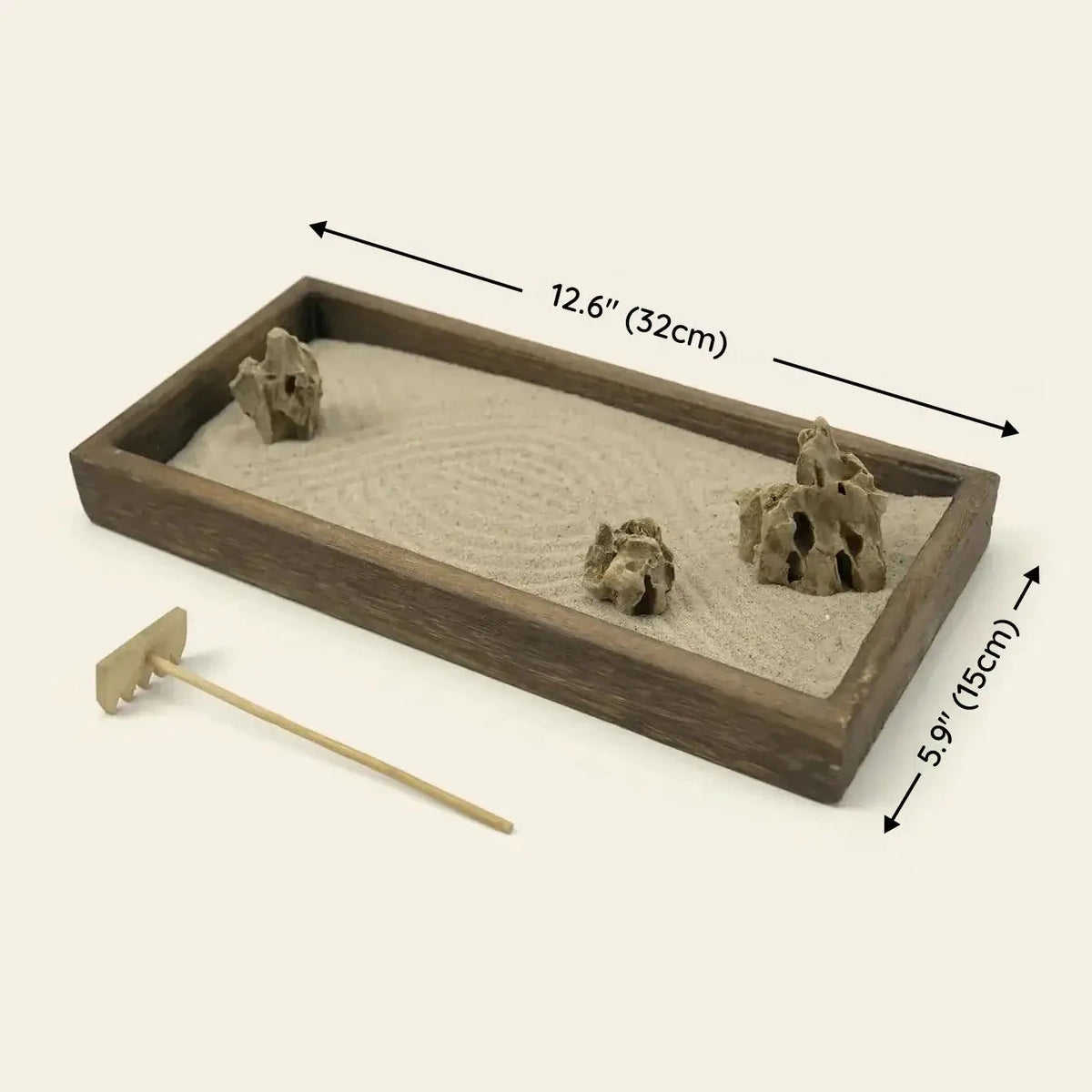 Japanese Karesansui Zen Garden dimension diagram showing a 32 × 15 cm (12.6 × 5.9 in) paulownia wood sand tray with natural stones and bamboo rake.