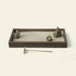 Japanese Karesansui Zen Garden with raked white sand, natural stones, dark wood tray, and wooden rake.