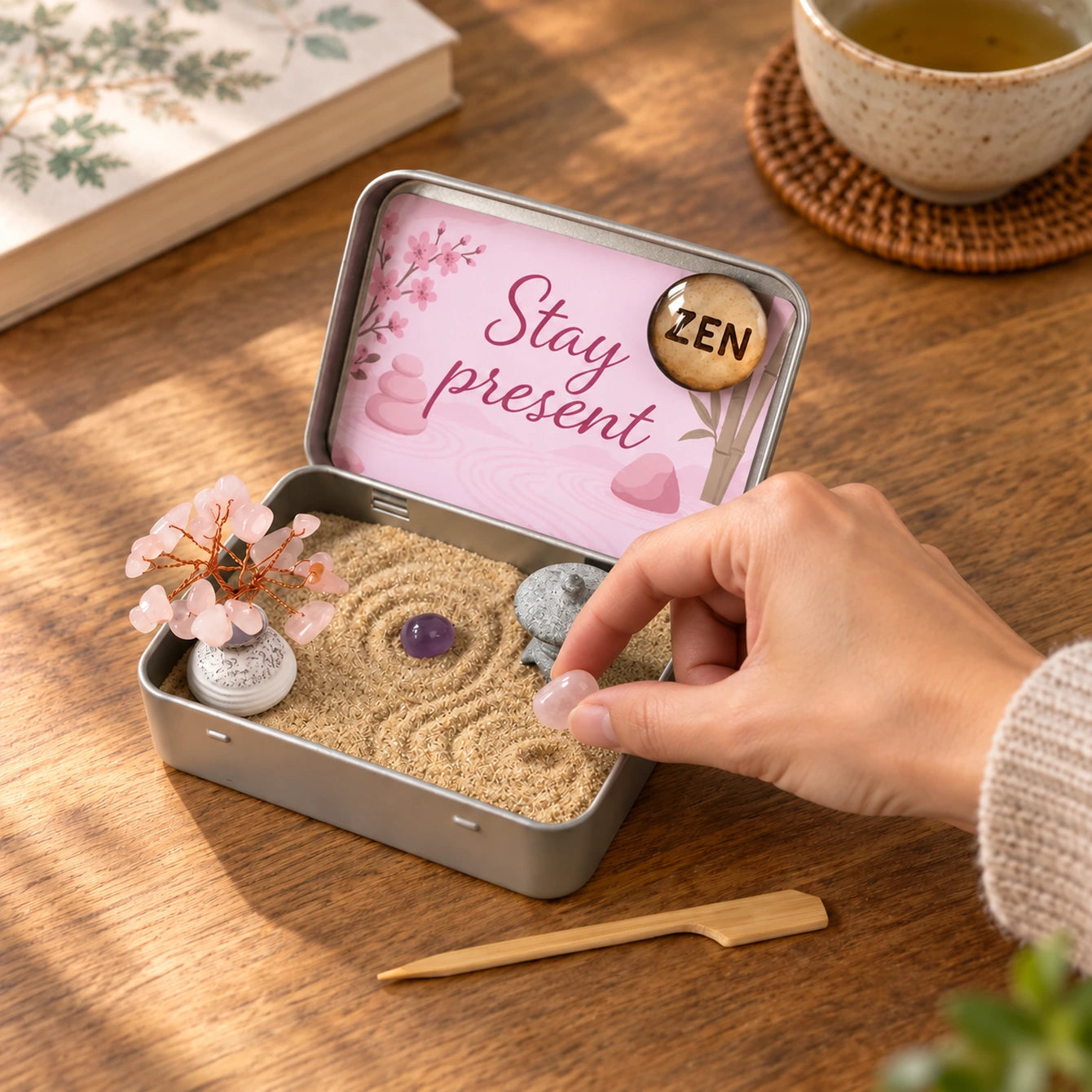 Hand placing a rose quartz stone in a Japanese Crystal Zen Garden beside tea and a book on a wooden table.