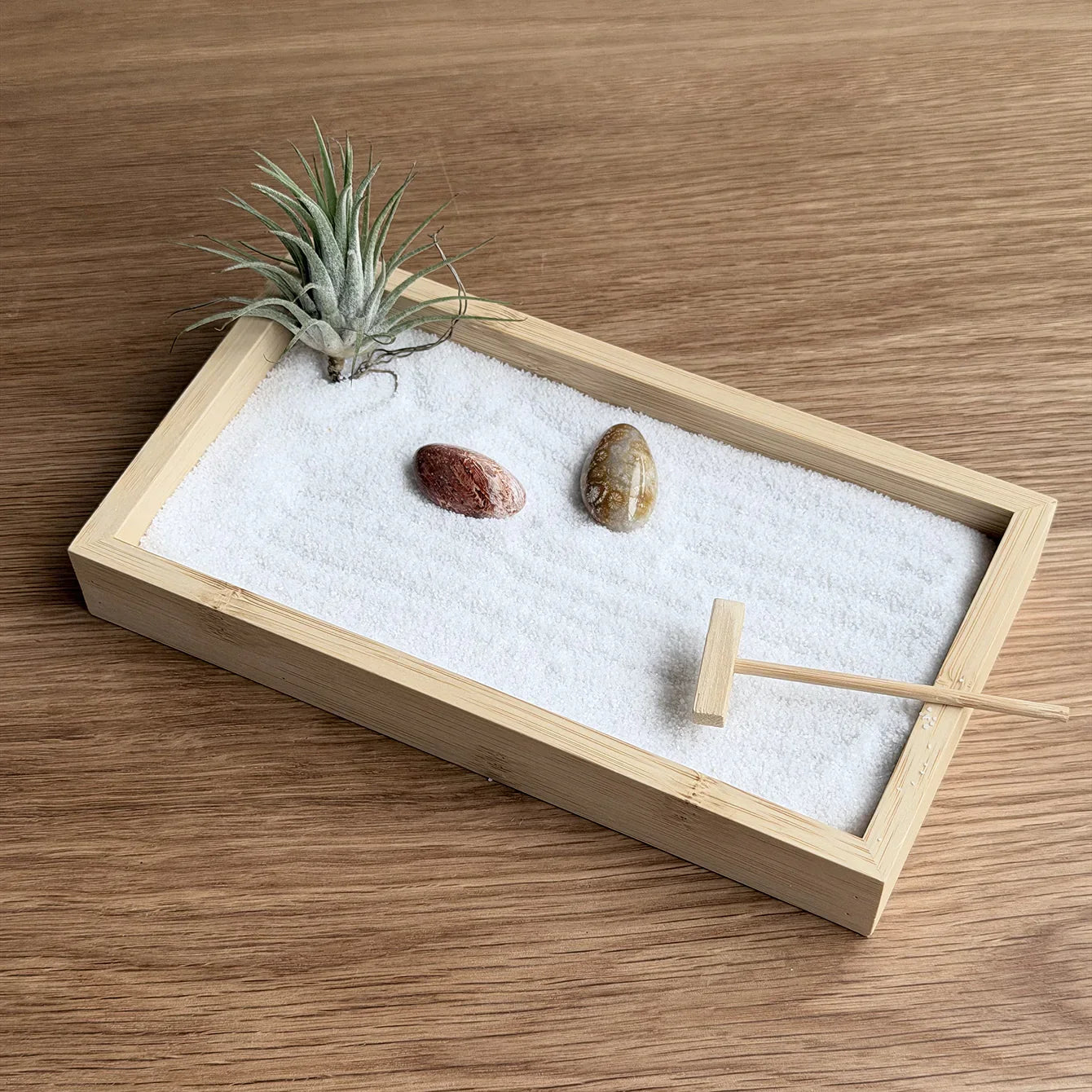Bamboo desktop Zen Garden with living air plant, coral stones, white sand, and rake