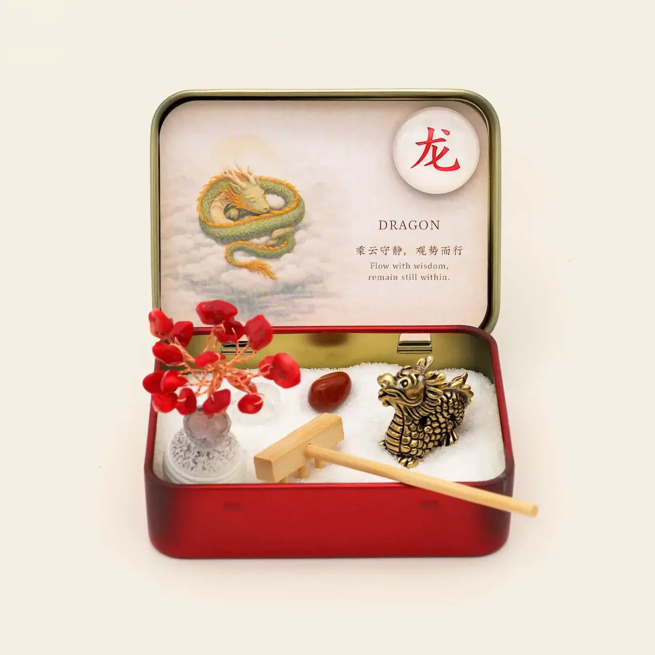 12-Zodiac Crystal Zen Garden featuring a Dragon-themed decorative set with stones and crystals in a red tin.