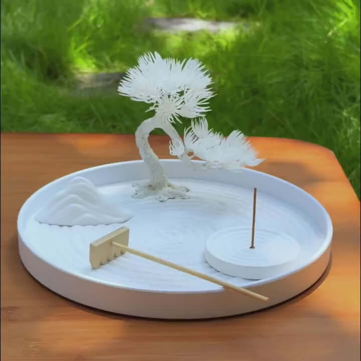 Zenify™ White Stillness Garden – Mini Zen Tray with Incense Holder