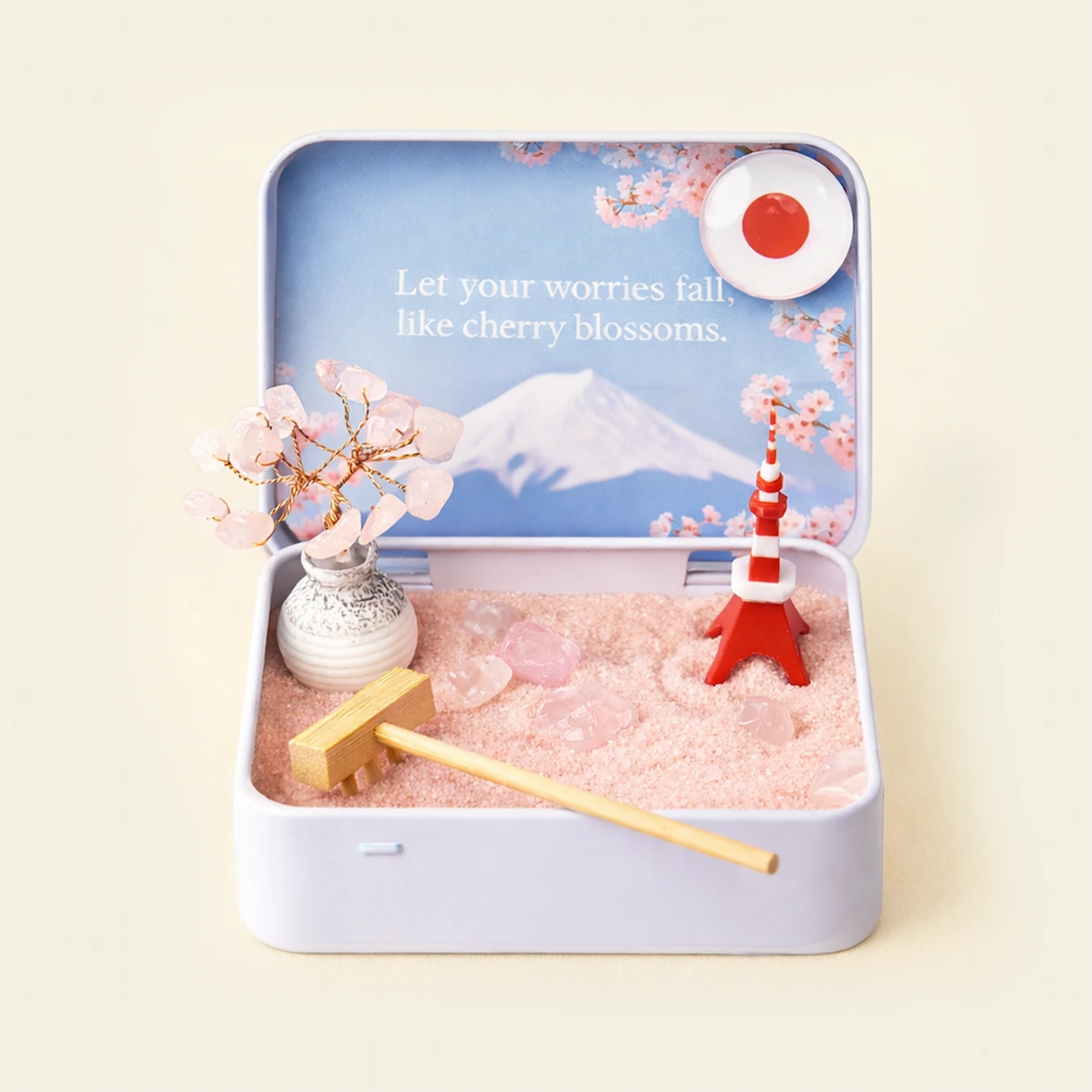 Tokyo Sakura Crystal Zen Garden featuring cherry blossoms, a pagoda, and calming sand decor.