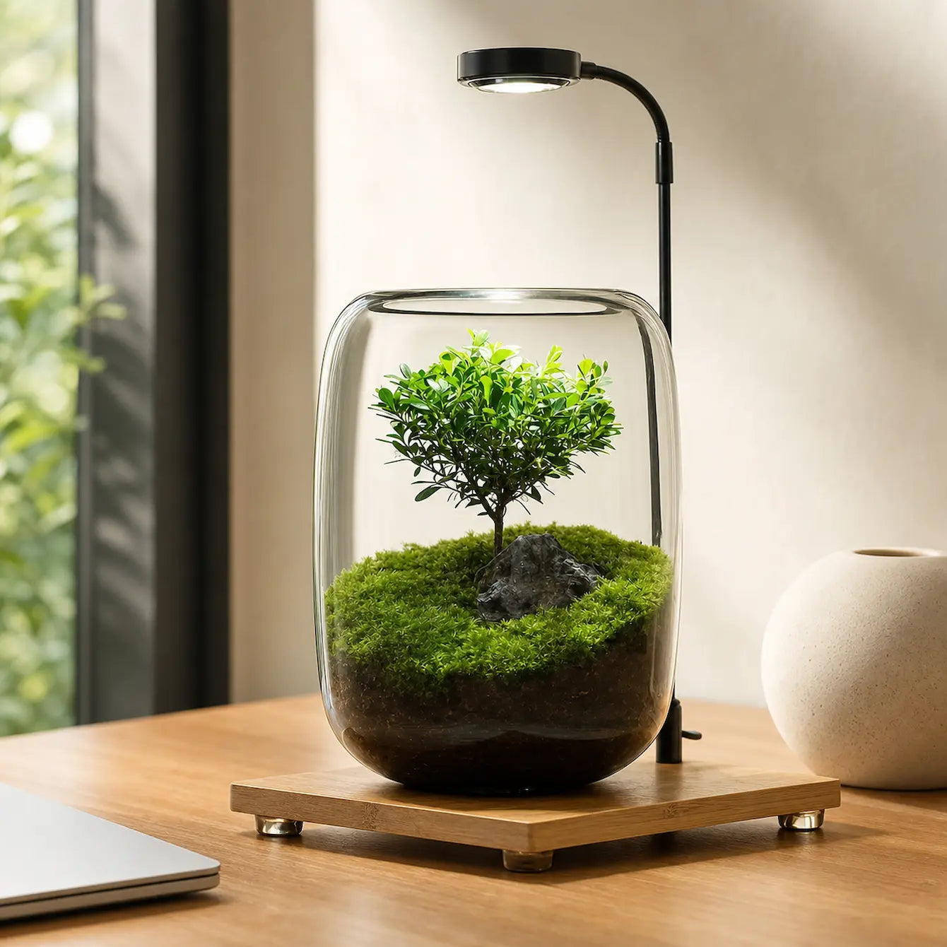 Tree of Wisdom bonsai terrarium with LED lamp styled on a light oak desk by a window