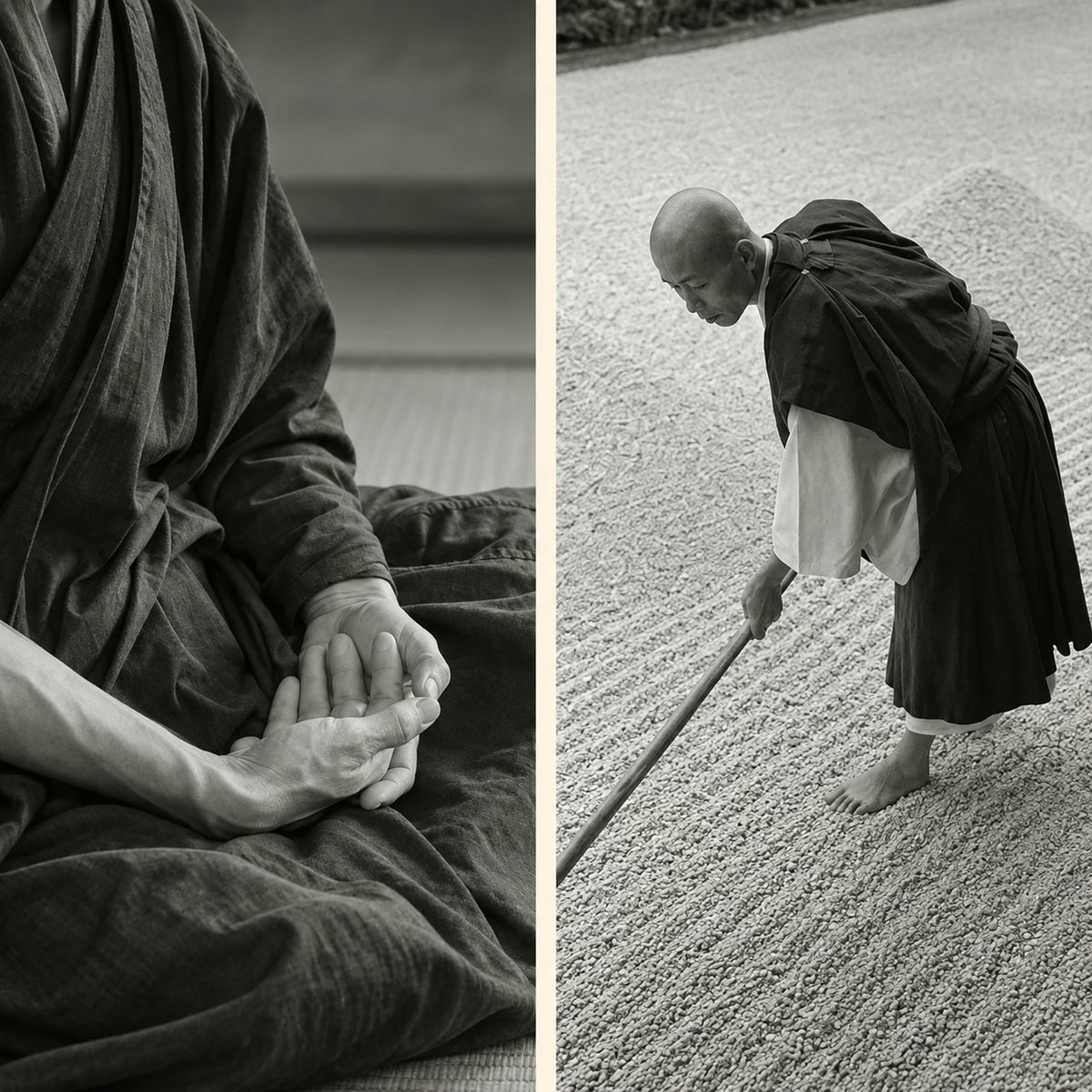 Wooden Zen Garden tray with raked white sand, natural stones, and a bamboo rake.