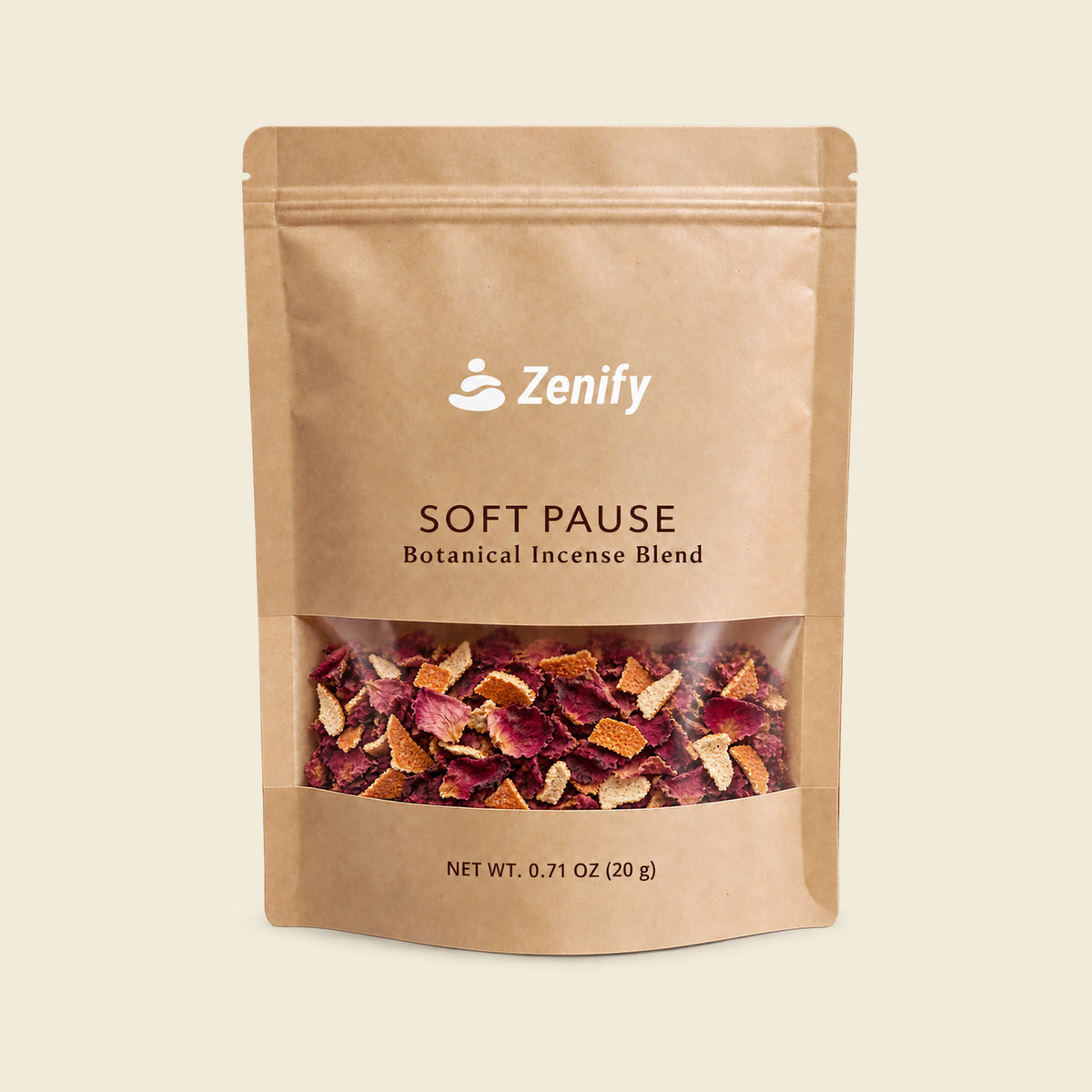 Soft Pause 20 g botanical incense blend in a kraft pouch with a translucent window and small white Zenify logo.