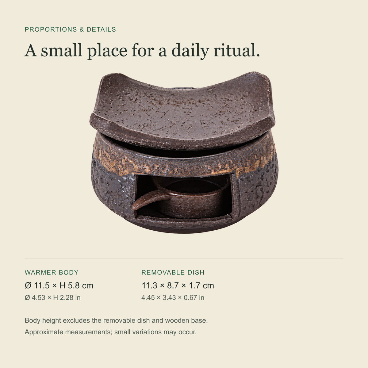 Ceramic incense warmer size guide: body 11.5 cm in diameter and 5.8 cm high; removable dish 11.3 by 8.7 by 1.7 cm. Body height excludes the dish and wooden base.