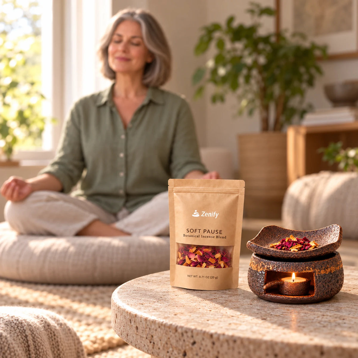 A softly blurred mature woman meditates beside a Soft Pause 20 g botanical blend pouch and a lit ceramic warmer holding rose petals and orange peel.