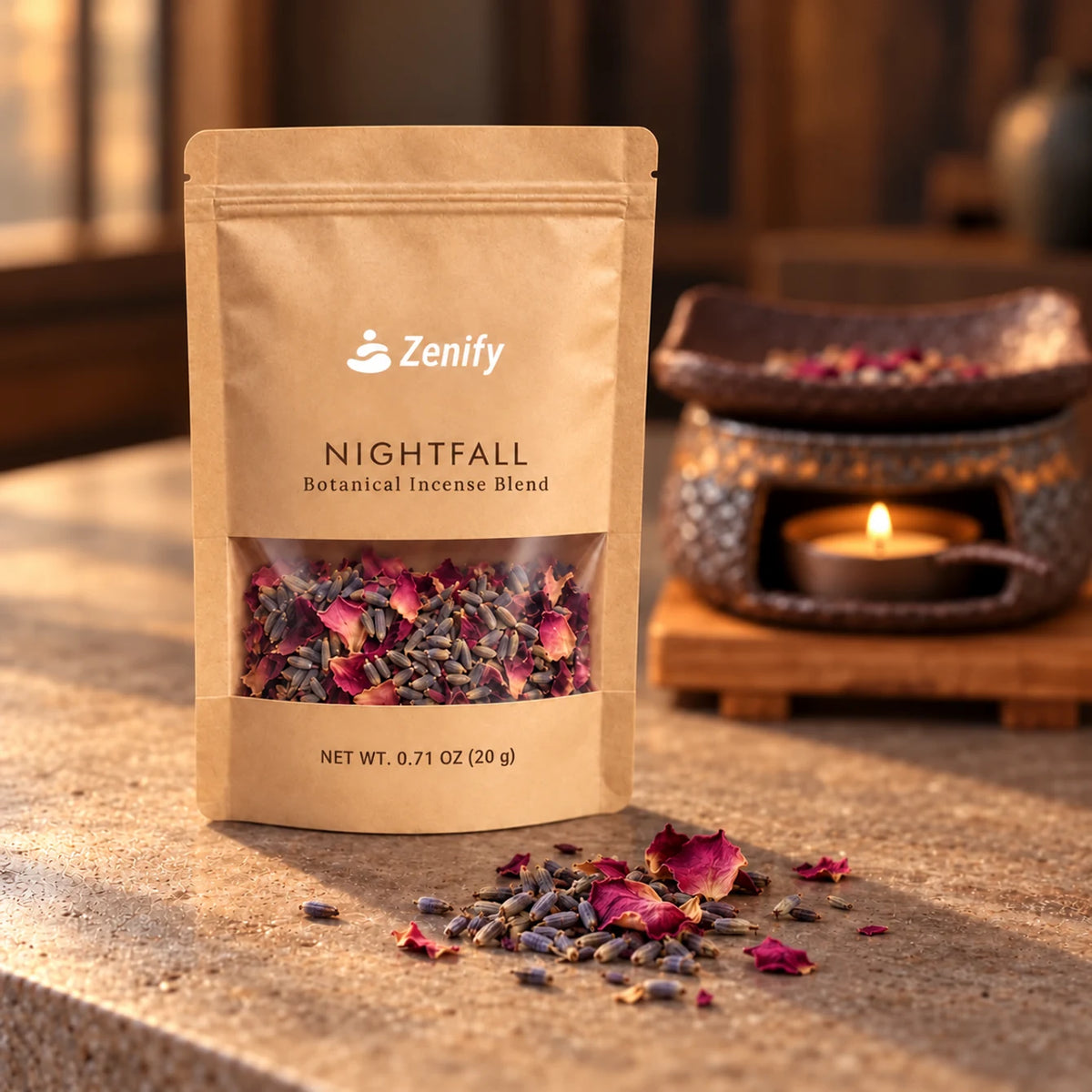 Nightfall 20 g kraft pouch with lavender and rose petals on a stone surface, with a softly blurred ceramic warmer and small candle flame behind.