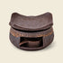 Brown ceramic incense warmer with a curved removable dish and empty handled candle cup, without a wooden base.