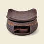 Brown ceramic incense warmer with a curved removable dish and empty handled candle cup, without a wooden base.