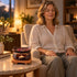 A mature woman sits in meditation in a softly blurred home setting, beside a candlelit ceramic botanical warmer on its wooden base.