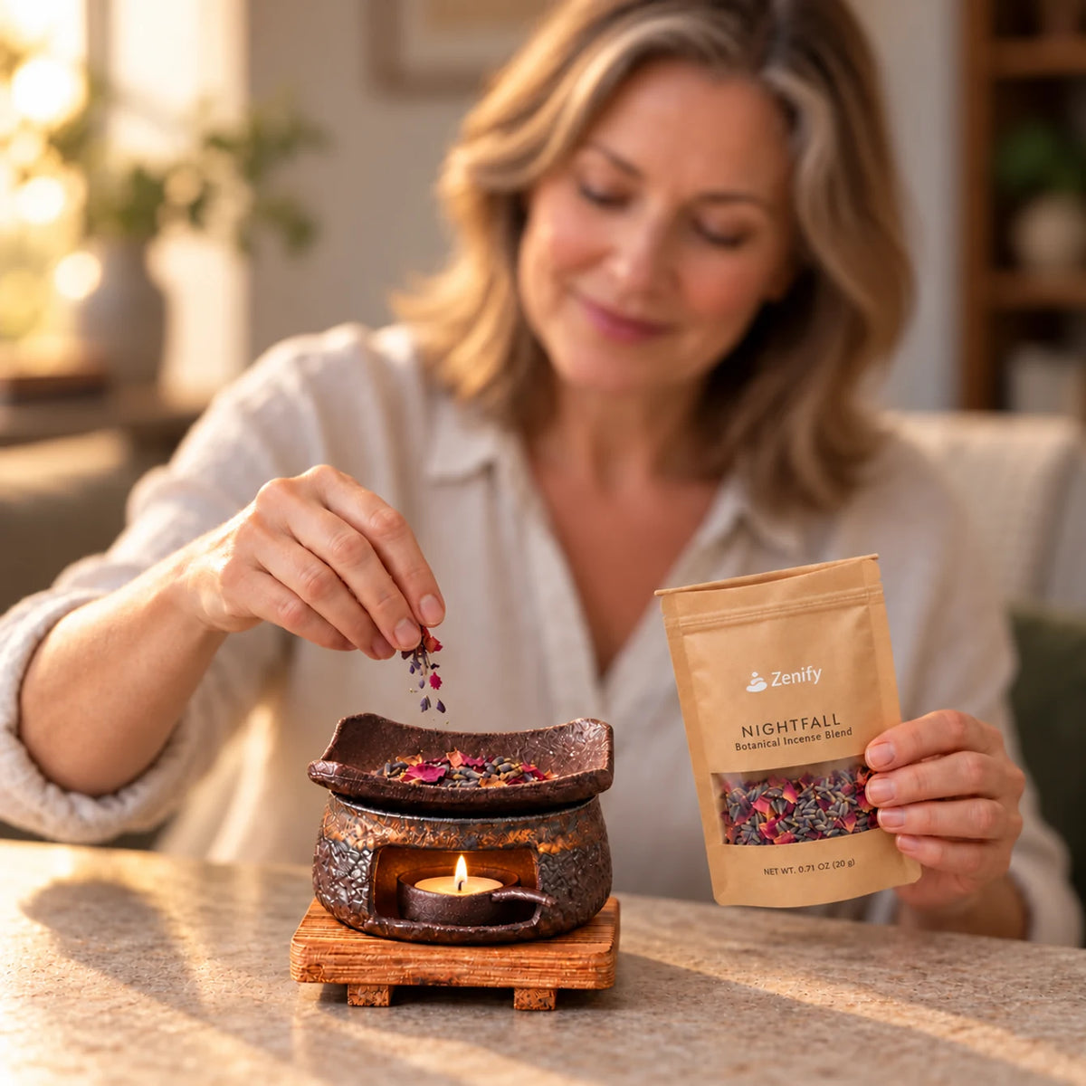 Shallow-focus scene of a mature woman with lavender and rose above a ceramic warmer on a wooden base, with a lit tealight visible in the chamber.